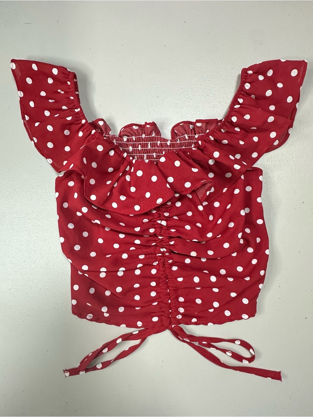 Red Polka Dot Ruched Tie-Front Crop Top - Picture 2 of 5